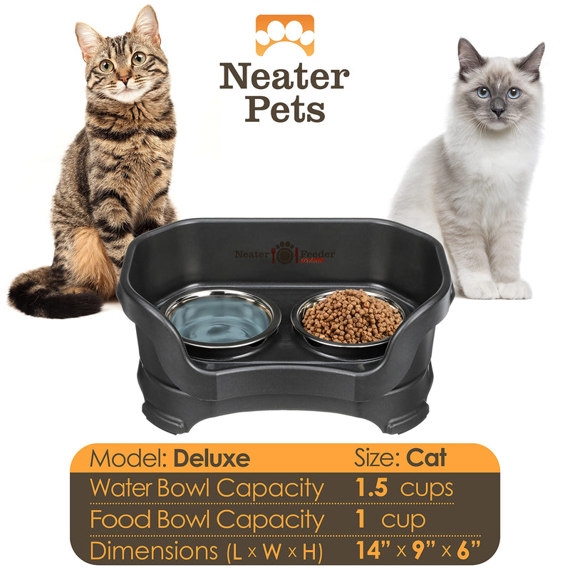 Neater Feeder Deluxe Mess Proof Cat Bowls Elevated for All Breeds – Made in USA – No Spill Raised Bowls for Indoor Cats – Stainless Steel Food and Water Bowl Set, Pet Dish Feeding Station, Black Cat with Standard Bowl Midnight Black
