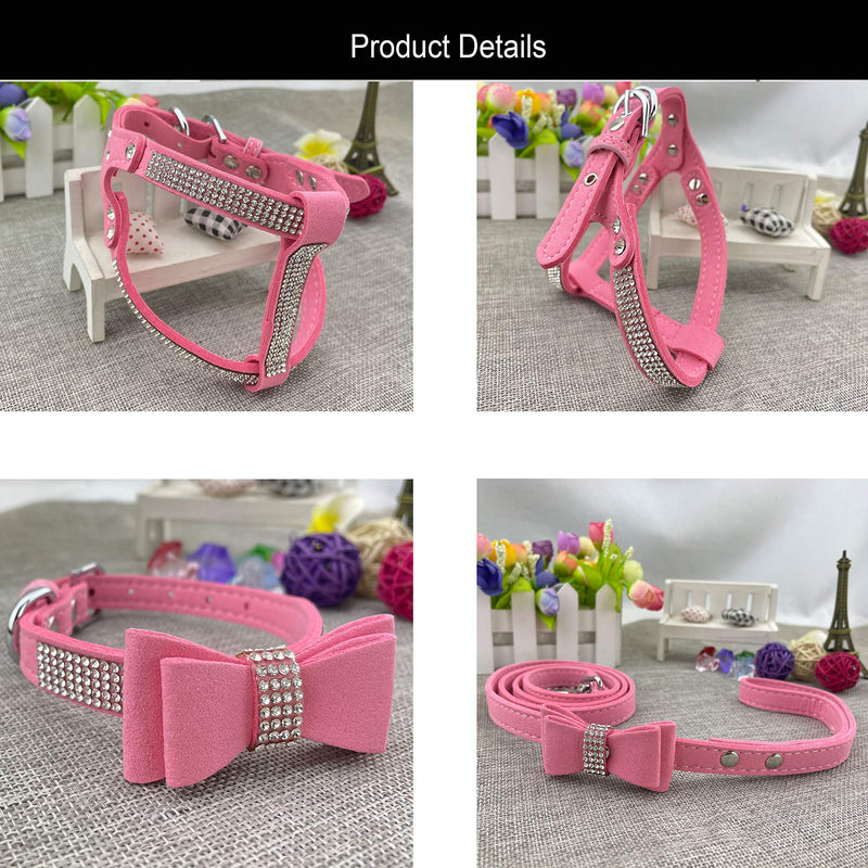Bowtie Dog Collar & Harness & Lead Sets Comfortable Soft Puppy Collar Diamante with Harness and Leashes Set for Dog - Pink - S - PawsPlanet Australia