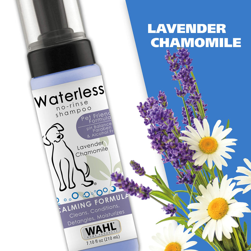 Wahl USA Pet Friendly Waterless No Rinse Shampoo for Animals – Lavender & Chamomile for Cleaning, Conditioning, Detangling, & Moisturizing Dogs & Cats – 7.1 Oz - Model 820014A