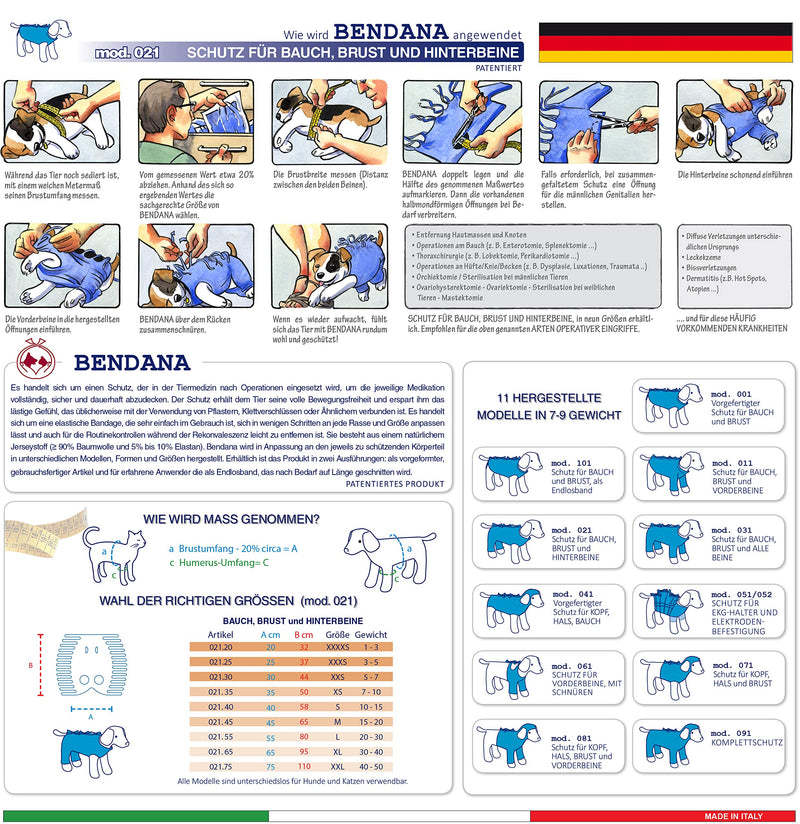 Bendana Post-operative suit for dogs and cats, protects wounds and bandages and gives the animal its freedom of movement. Model 021 - Suit for abdomen, chest and hind legs (S)