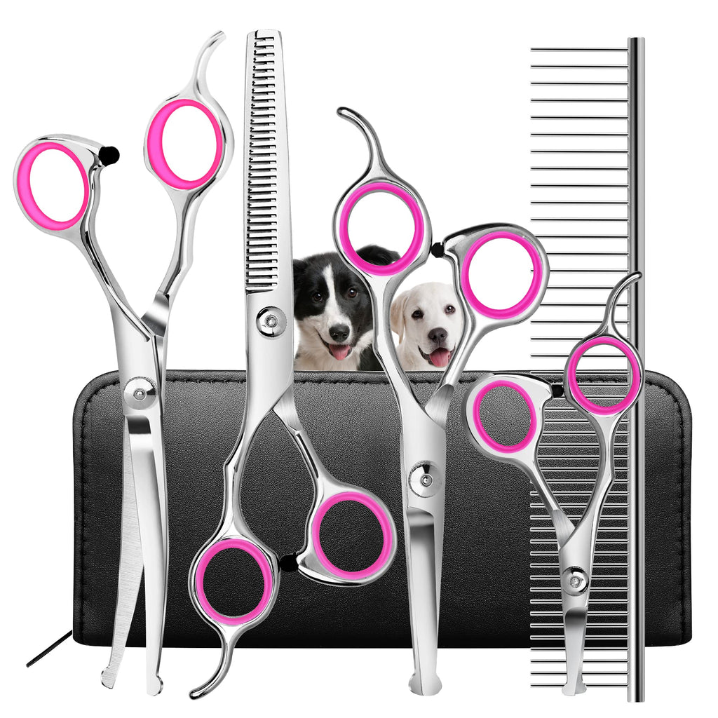 Dog Grooming Scissors Kit with Round Tip, Ecnocal Stainless Steel Titanium Coated Pet Grooming Trimmer Set, Thinning/Straight/Curved Shears, and Comb with Case for Small Pet Dog Cat (Classic) Classic