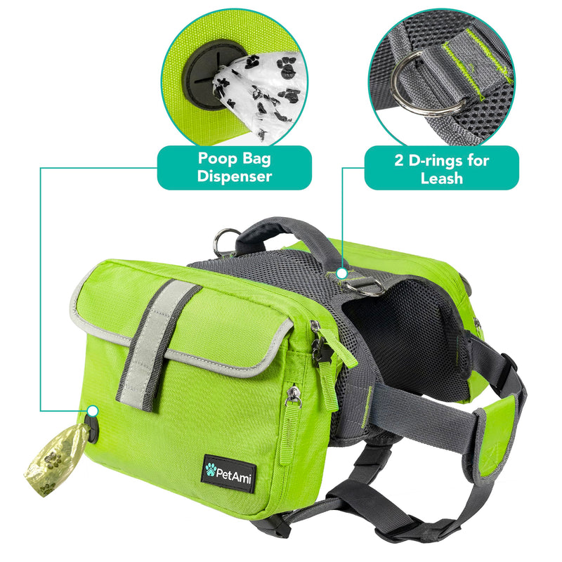 PetAmi Dog Backpack for Medium & Large Dogs, Saddle Bag for Dogs to Wear for Hiking, Pet Backpack Harness Dog Pack with Reflective Side Pockets for Walking Running Green - PawsPlanet Australia