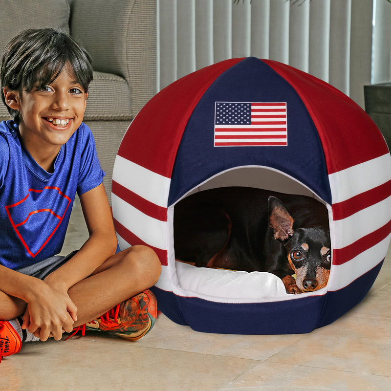 Maccabi Art US Country Dog Bed - Sports Themed Pet Bed - Fits Small Dogs, Puppies, Cats - Pillow Insert with Plush Lined Interrior, Non-Slip Igloo Design - 16 x 18 x 16 - PawsPlanet Australia