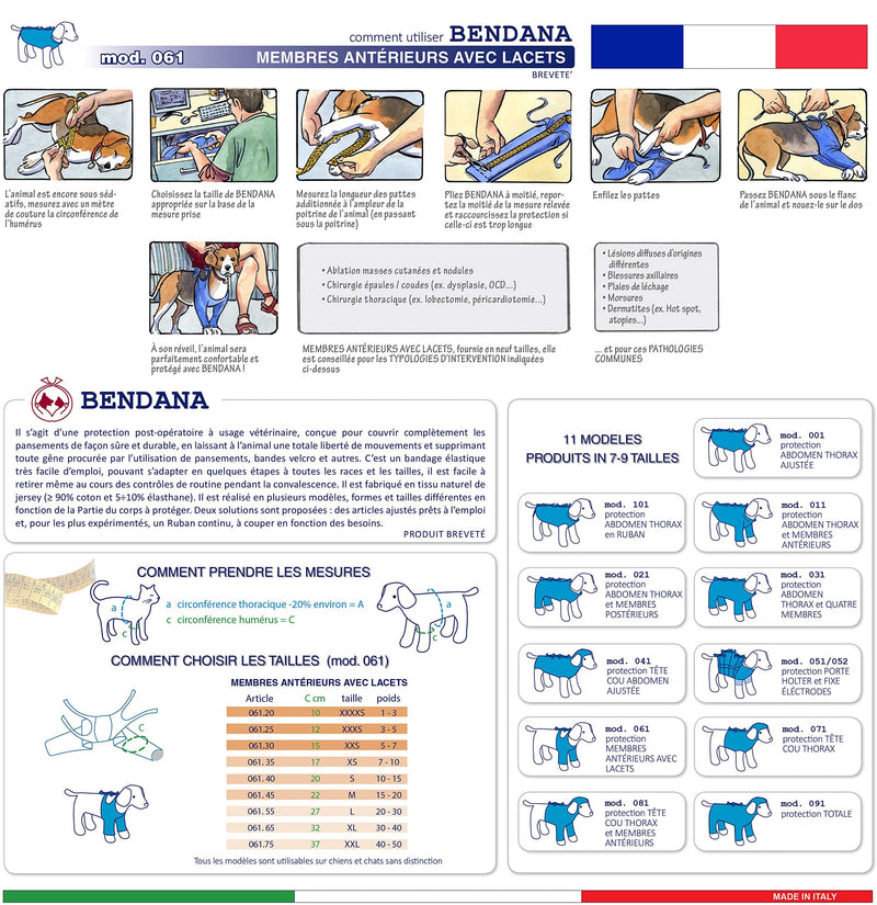 Post-operative suit for dogs and cats, protects wounds and bandages and allows the animal to move freedom of movement. Model 061 - Protection of the front legs with cords (XXS)