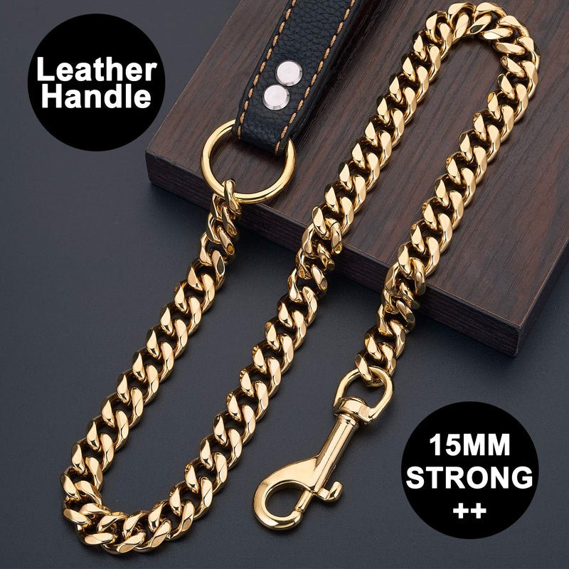 PRADOG Chain Dog Leash Metal Chew Proof 15MM Heavy Duty Pet Leash Chain with Leather Padded Handle for Large Medium Small Dogs(Totally Length of 3ft) Gold 3.0 FT ( For Larger Dog) - PawsPlanet Australia