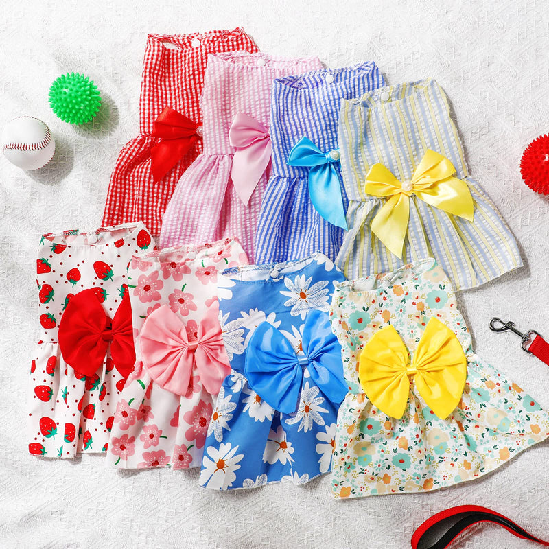 Sanwuta 8 Pieces Dog Bowknot Dresses Puppy Clothes Outfits Princess Dresses Soft Lightweight Summer Fruit Floral Pattern Pet Skirts for Girl Puppy(Medium) Medium - PawsPlanet Australia