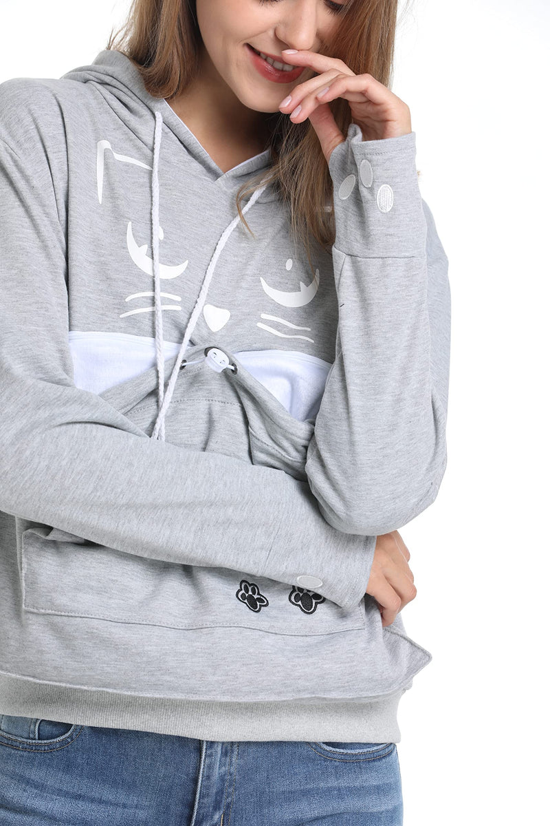 ALYC Unisex Hoodies Pet Holder Cat Dog Kangaroo Pouch Carries Pullover with Cat Printing Sweatshirt (Light Grey, XXL) Light Grey XX-Large - PawsPlanet Australia