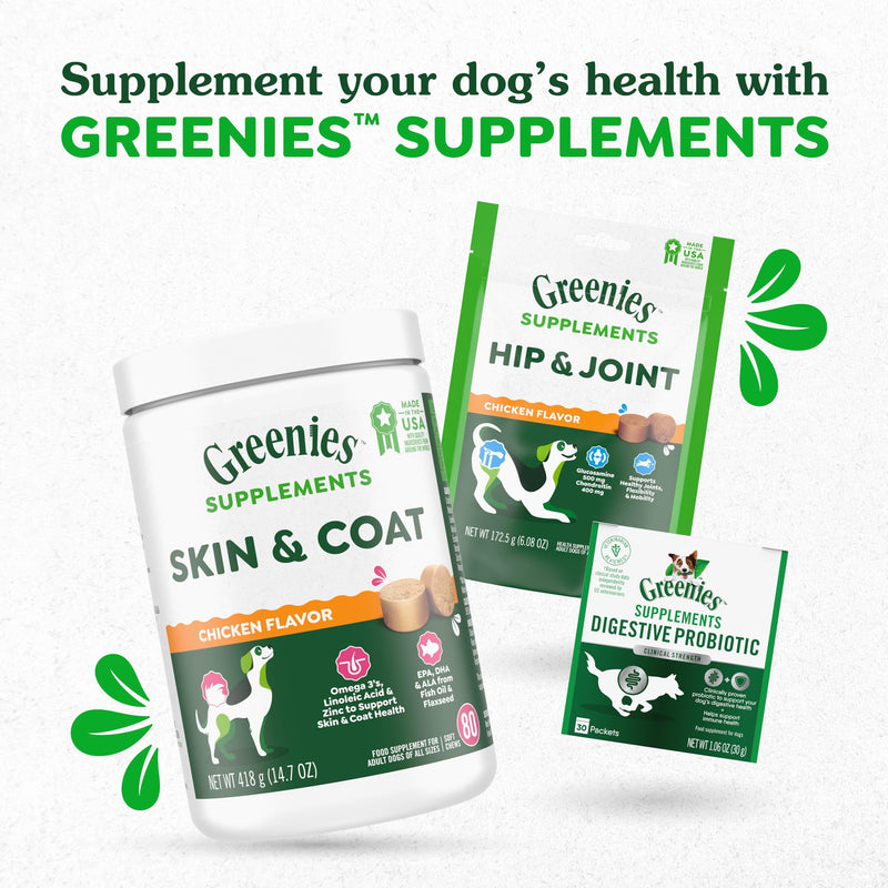 Greenies Supplements Dog Skin and Coat Supplements with Fish Oil & Omega 3 Fatty Acids, Chicken Flavor, 40 Count Soft Chews, 7.37 oz - PawsPlanet Australia