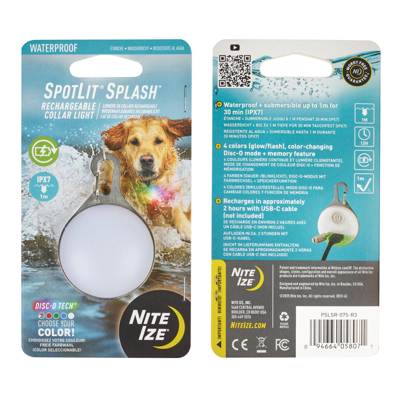 Nite Ize SpotLit Splash Waterproof Rechargeable Collar Light - Supports Visibility on Night Walks - Four Colors in Glow, Flash or Color-Changing Disc-O Mode - Waterproof & Submersible - Disc-O Tech