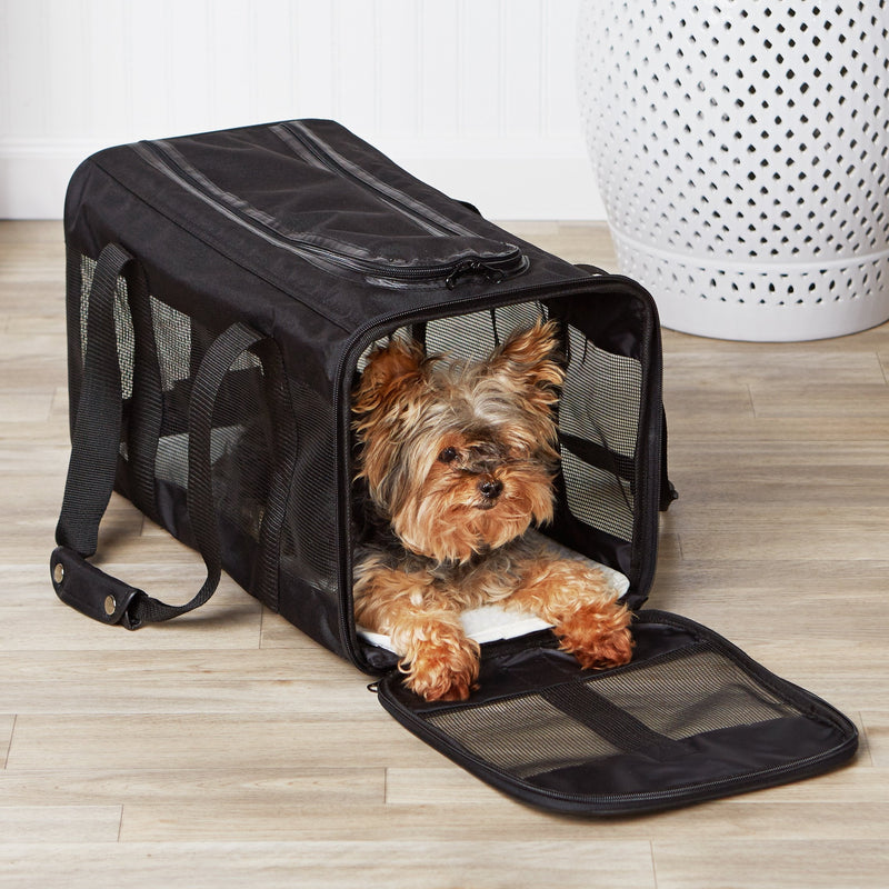 Amazon Basics Airline Approved Soft-Sided Mesh Pet Travel Carrier with Shoulder Strap, Removable Washable Fleece Pad, Top Opening, Ventilation for Dog, Cat, up to 22 pounds, 19.7Lx12Wx12H in., Black 20.0"L x 12.0"W x 12.0"H Without Wheels
