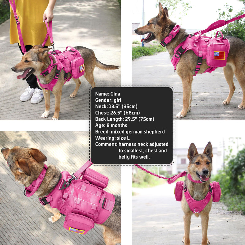 Forestpaw Pink Tactical Dog Harness for Large Dogs,Tactical Dog Collar with Bungee Leash Set,No Pull Military Dog Harness for Walking Training,Adjustable for Medium Large Dogs,Chest 21.5-45" L:Chest 21.5-45",Fit 28-140lbs Hot Pink - PawsPlanet Australia