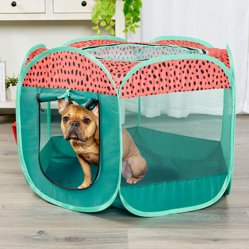 Furhaven Portable Dog Playpen Cat Tent, Pet Playground,Kennel Foldable Indoor Outdoor Zippered Puppy Crate - Green & Pink, Small