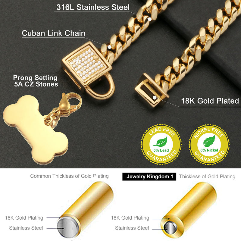 Jewelry Kingdom 1 Dog Chain Collar with Tag and Ice-Out Cubic Zirconia Stones Secure Buckle 18K Metal Stainles Steel Cuban Link Chain 6MM Walking Training Collar 10in to 20in for Dog Puppy Cats Kitty 12" (Fits cat Neck 10" to 11.5") - PawsPlanet Australia
