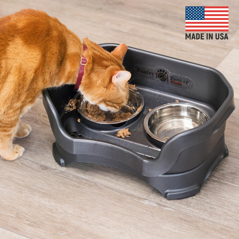 Neater Feeder Deluxe Mess Proof Cat Bowls Elevated for All Breeds – Made in USA – No Spill Raised Bowls for Indoor Cats – Stainless Steel Food and Water Bowl Set, Pet Dish Feeding Station, Black Cat with Standard Bowl Midnight Black