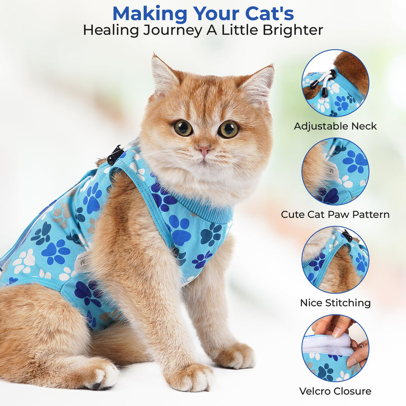 Cat Recovery Suit – Soft, Breathable Onesie for Female & Male Pets After Surgery, Spay, Neuter or Wounds, Surgery Outfit, Cone Alternative, Litter Access, Machine Washable, Blue Paw Print Large