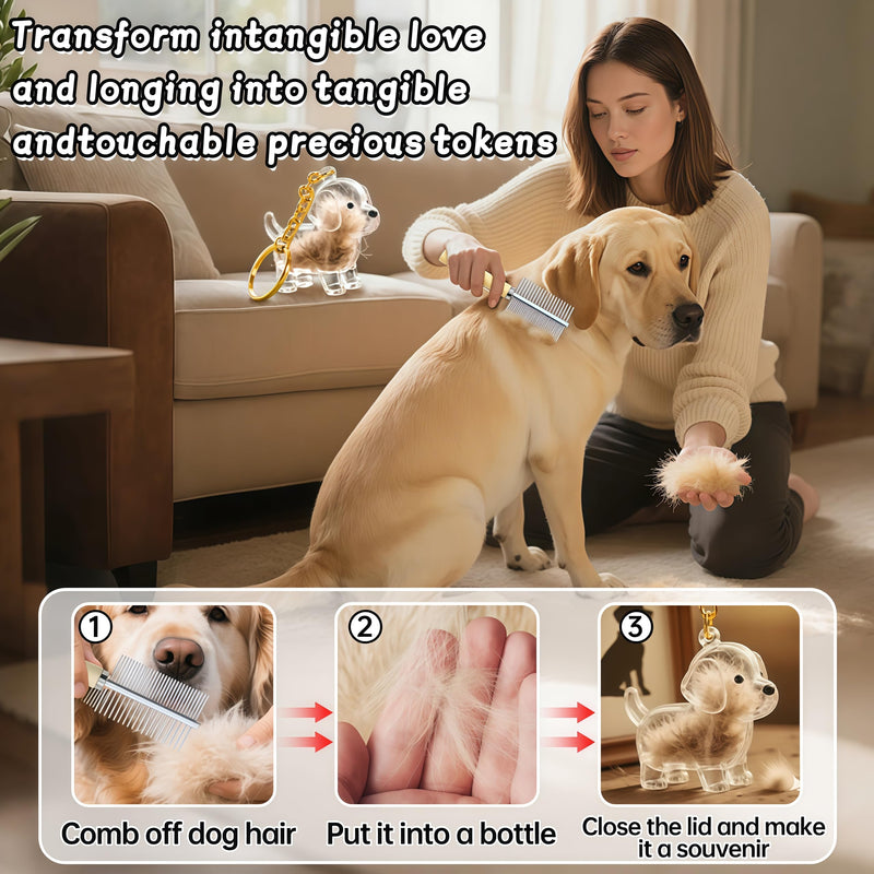 4 PCS Dog Hair Collector Keychain Charm(Send Brush Comb), Dog Shape Memorial Storage Box with Transparent Bottle for DIY Pet Furs & Ashes Keepsake, Portable Pet Memory Capsule Keyring
