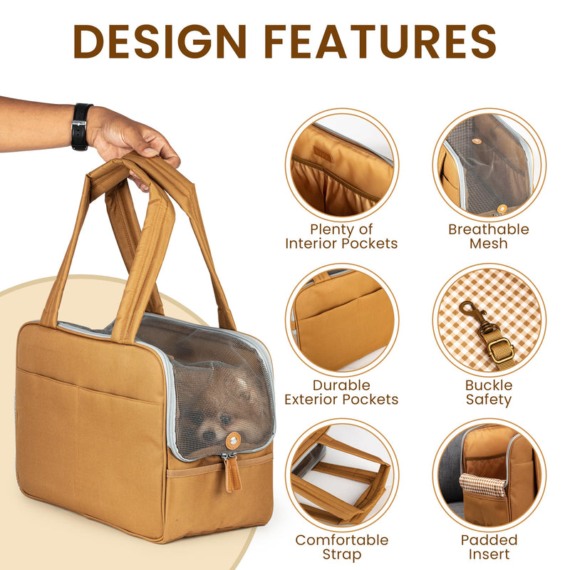 Dog Purse Carrier for Small Dogs – Cotton Padded Interior, Multiple Pockets, Breathable Mesh & Comfortable Strap – Durable Polyester Travel Bag, Lightweight Cat Carrier - Versatile Small Pet Bag brown - PawsPlanet Australia