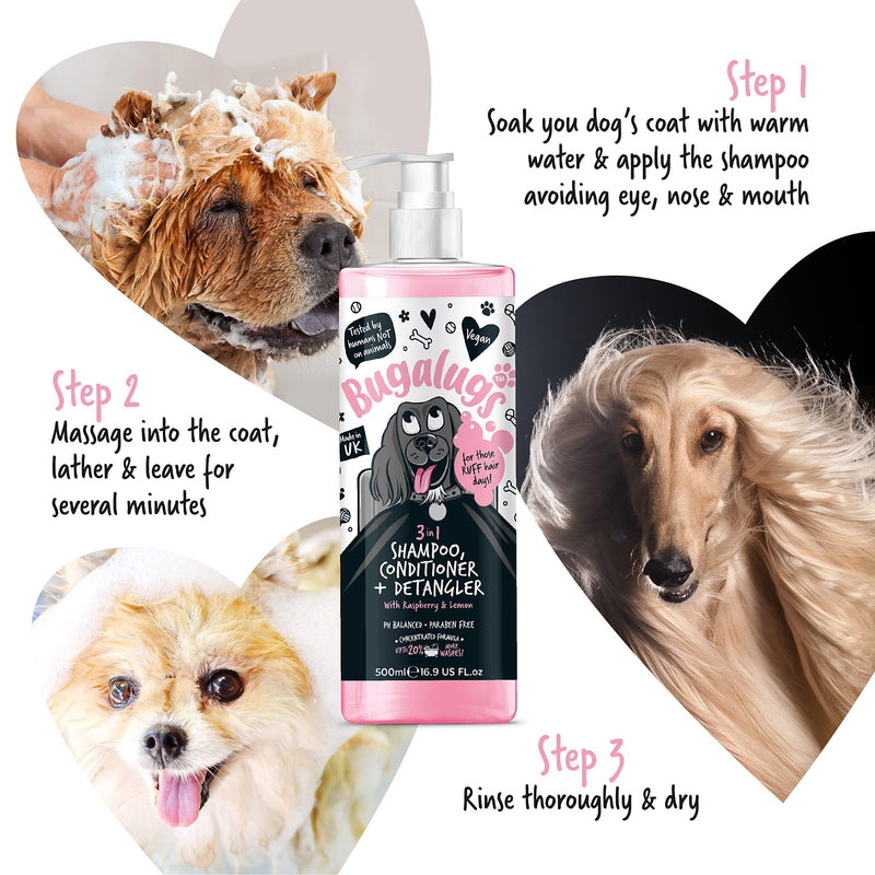 BUGALUGS 3-in-1 Dog Shampoo, Conditioner & Detangler – Raspberry & Lemon Scented Grooming for Smelly Dogs, Puppy Coat Care, Pet Accessories (500ml) (BSDTCDE500) Shampoo 500ml