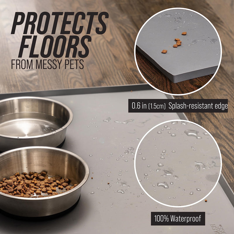 Leash Boss Dog Food Mat for Food and Water Bowls, Waterproof Silicone Pet Feeding Mat for Floors, Extra Tall Raised Edges, Cat and Dog Placemat for Floors, Dishwasher Safe (Small: 18"x11" - Grey) S - 18" X 11" - PawsPlanet Australia