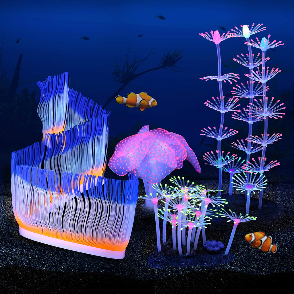 Glowing Fish Tank Decorations Plants, 4 pcs Glow Aquarium Decoration Plants Kit Glowing Sea Anemone Coral Ornaments