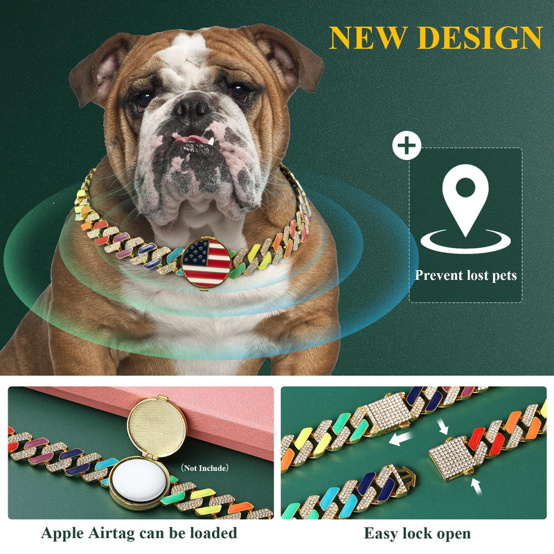 Gold Chain Dog Collars with Personalized, Diamond Collar Cuban Link 19MM Strong Heavy Duty Chew Proof, Dog Collar with AirTag Holder, Pet Collar for Small Medium Large Dogs (L:18"-22") L:18"-22"