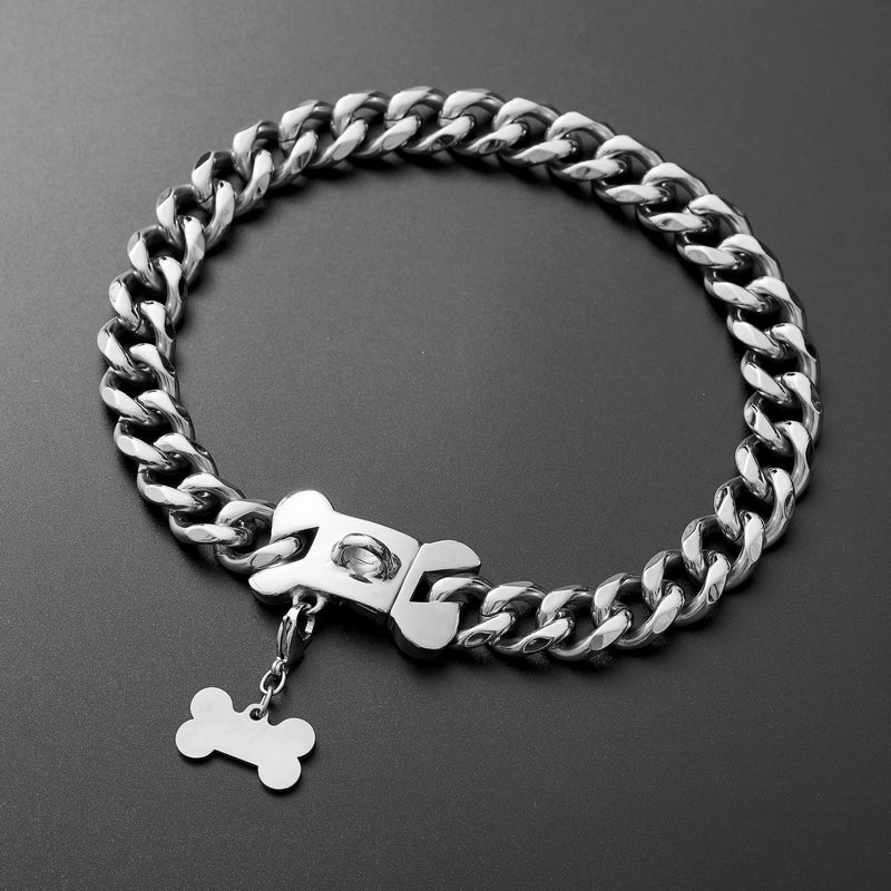 Stainless Steel Cuban Silver Link Heavy Duty Necklace Dog Collar for Small Medium Large Dogs, American Bully French Bulldog Dog Collar with CZ Luxury Safety Personalized Dog Tag Buckle Silver 12 Inch (Pack of 1) - PawsPlanet Australia