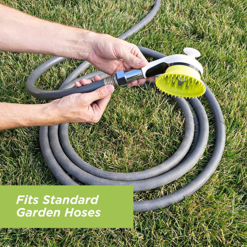 Outdoor Dog Wash Garden Hose Nozzle for Bathing and Quick Paw Rinses. Splash Shield Handle and Rubber Grooming Brush. Metal Connection. Swivels on Hose with Water Pressure Control. White - PawsPlanet Australia