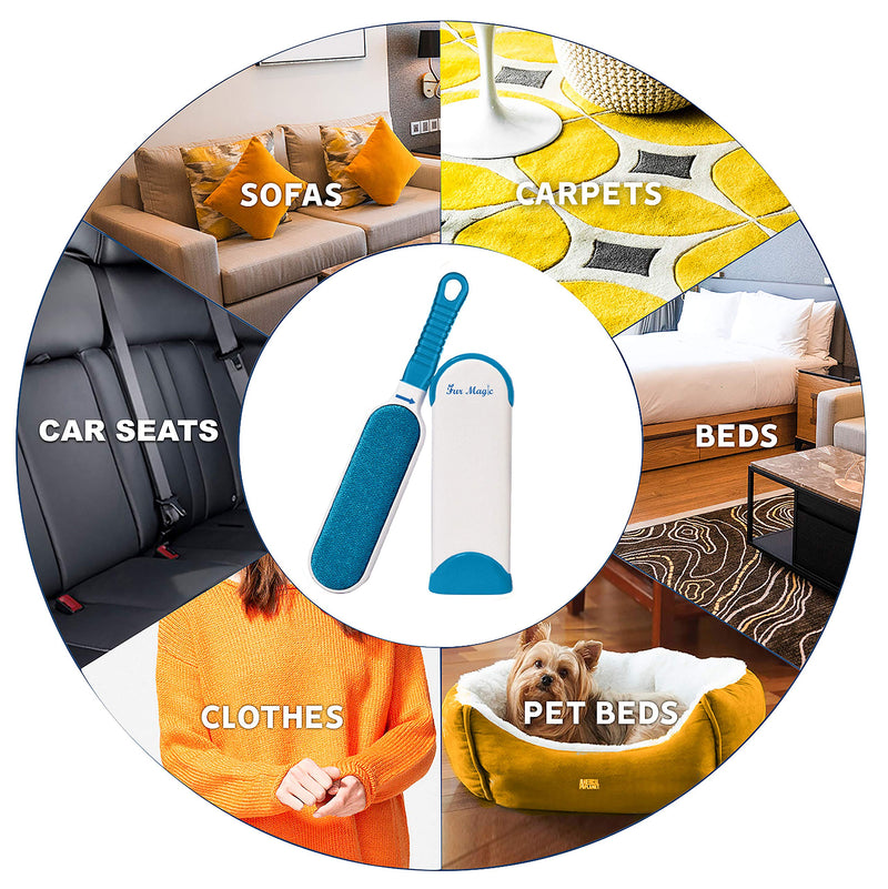 Fur Magic Reusable Pet Fur Remover Brush for Dogs Cats + Scraper Brush, Remove Hair from Furniture Clothes Sofa, Easy to Clean