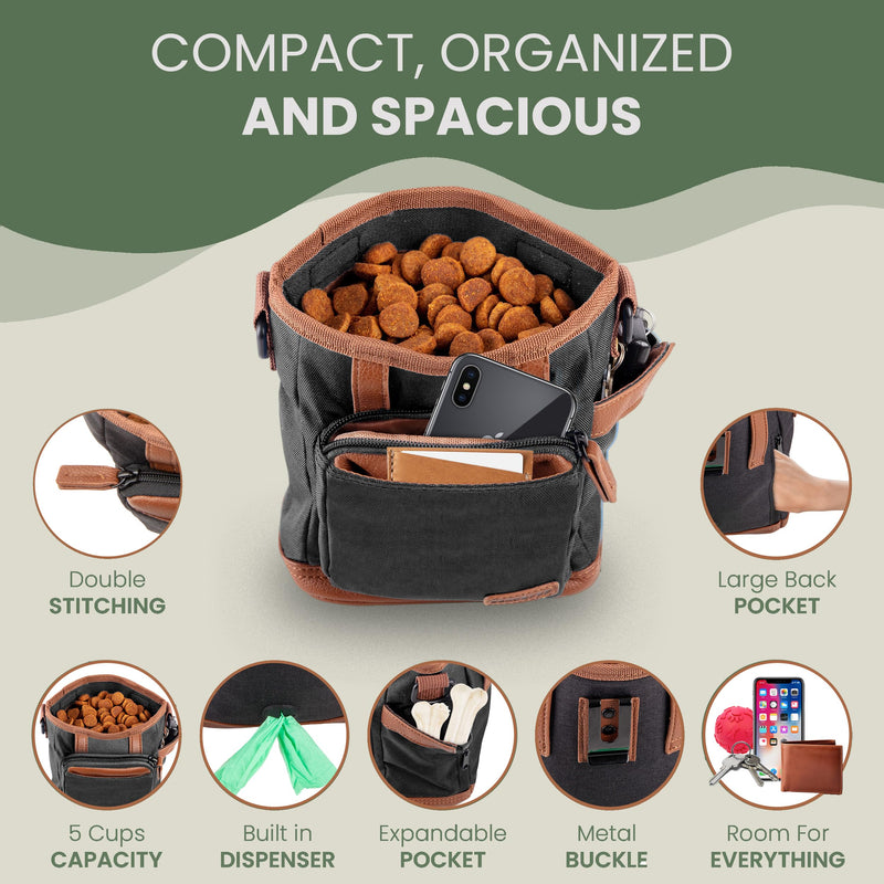 BEAU&FUR Large Dog Treat Pouch with Clicker for Training – 4 Cup Capacity, Built-In Poop Bag Dispenser, Expandable Pocket, Metal Buckle, Large Back Pocket, Ideal Design for Walks and Training – Black Large - Black - PawsPlanet Australia