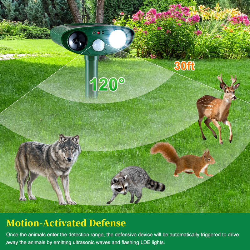 2 Pack Solar Animal Repeller for Raccoons, Deer & Squirrels - Ultrasonic & Strobe Light, Outdoor Deterrent for Cats, Dogs, Raccoons, Rabbits, Skunks, Foxes & More 2PCS Green