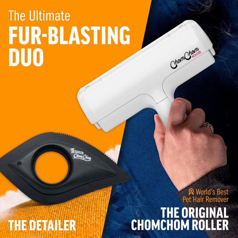 ChomChom Roller & Detailer Bundle - Pet Hair Remover and Reusable Lint Roller - ChomChom Cat and Dog Hair Remover for Furniture, Couch, Carpet, Clothing and Bedding - Multi-Surface Fur Removal Tool Black Detailer - PawsPlanet Australia