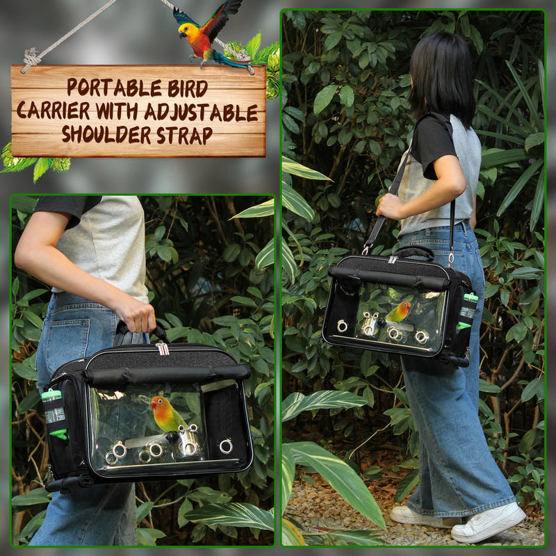 Suertree Bird Carrier Airline Approved, Bird Travel Cage with Indestructible Stainless Steel Mesh, Bird Travel Bag Lightweight and Portable with Water Bottle and Bowl Black