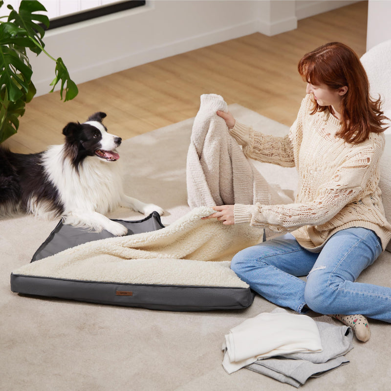 LE SURE Washable Dog Bed Cover Replacement - Large Size Plush Fleece Cover for Orthopedic Egg Crate Foam Pet Mat 36x27x3 Inches, Grey L Grey-Sherpa - PawsPlanet Australia