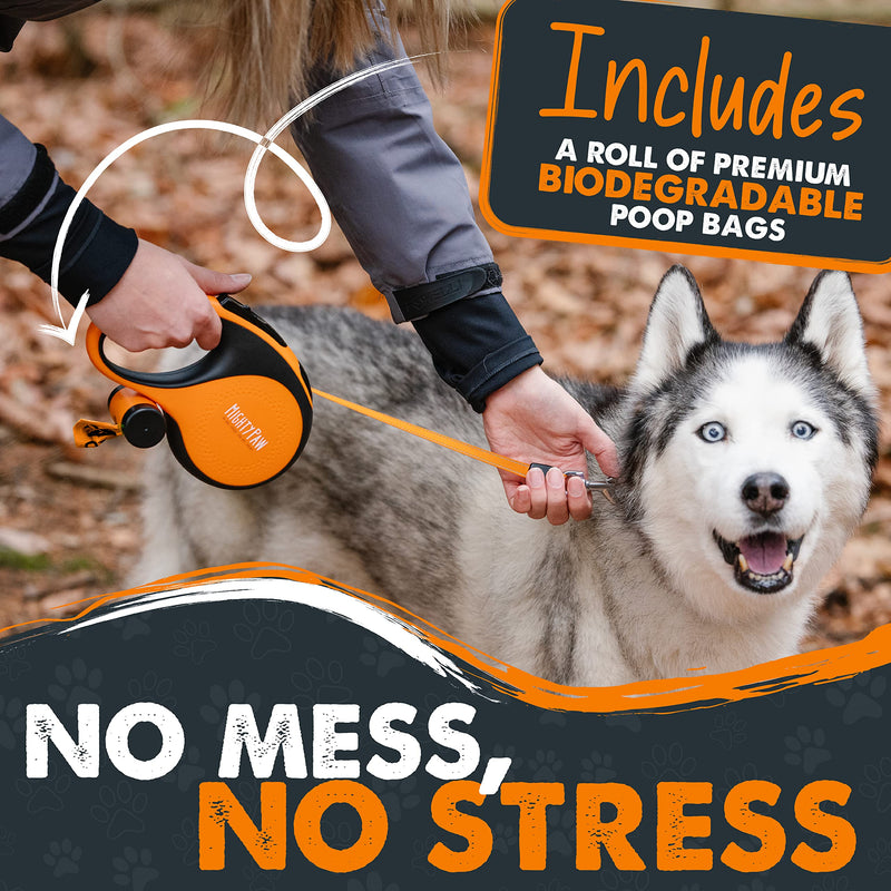 Mighty Paw Retractable Leash with Built-in Poop Bag Holder | 16' Long Retractable Dog Leash for Small Dogs, Medium Breeds & Large Pets with Tape for Quick Control. Poop Bags Included Orange Lite | 0 - 23 kg - PawsPlanet Australia