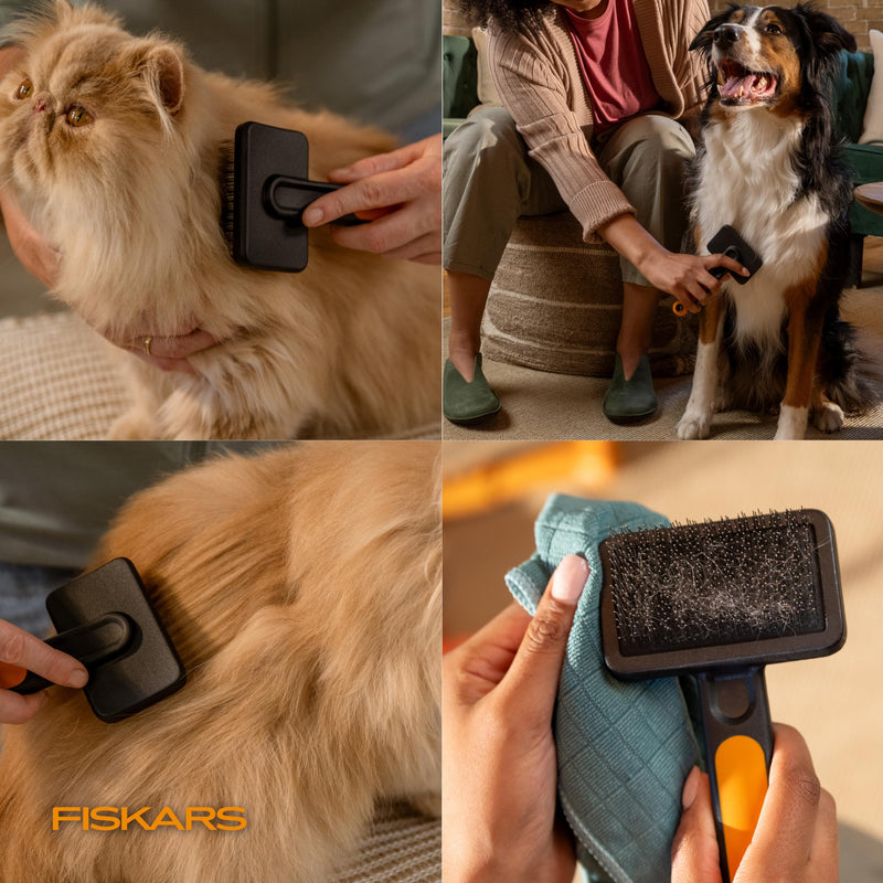 Fiskars Pet, Cat and Dog Brush, Fine Bristles & SoftGrip Handle for Gentle Grooming and Deshedding, Cat and Dog Supplies, Orange/Black Slicker Brush - PawsPlanet Australia
