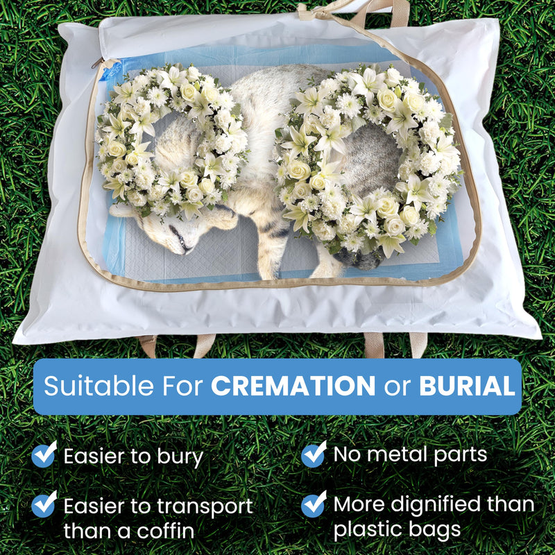 Pet Body Bag for Burial. Suitable for 20-40lb Dogs, Cats, Rabbits, Ferrets, Absorbent Underpad, 4 Handles, Zipper. Medium - PawsPlanet Australia