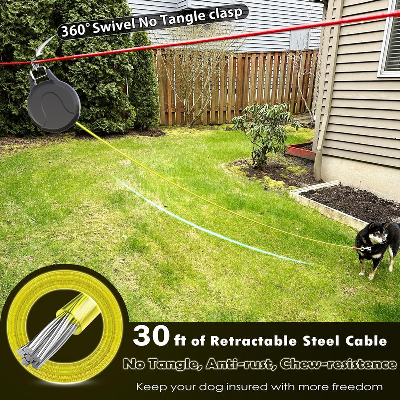 30ft Retractable Dog Tie Out Cable - 2-in-1 Retractable Dog Tie Out for Dog Zipline,Aerial Run Cable,Dog Tie Out Trolley Or Dog Stake Dog Anchor, No Tangle Retractable Tie Out Reel for Camping Or Yard 30FT Black