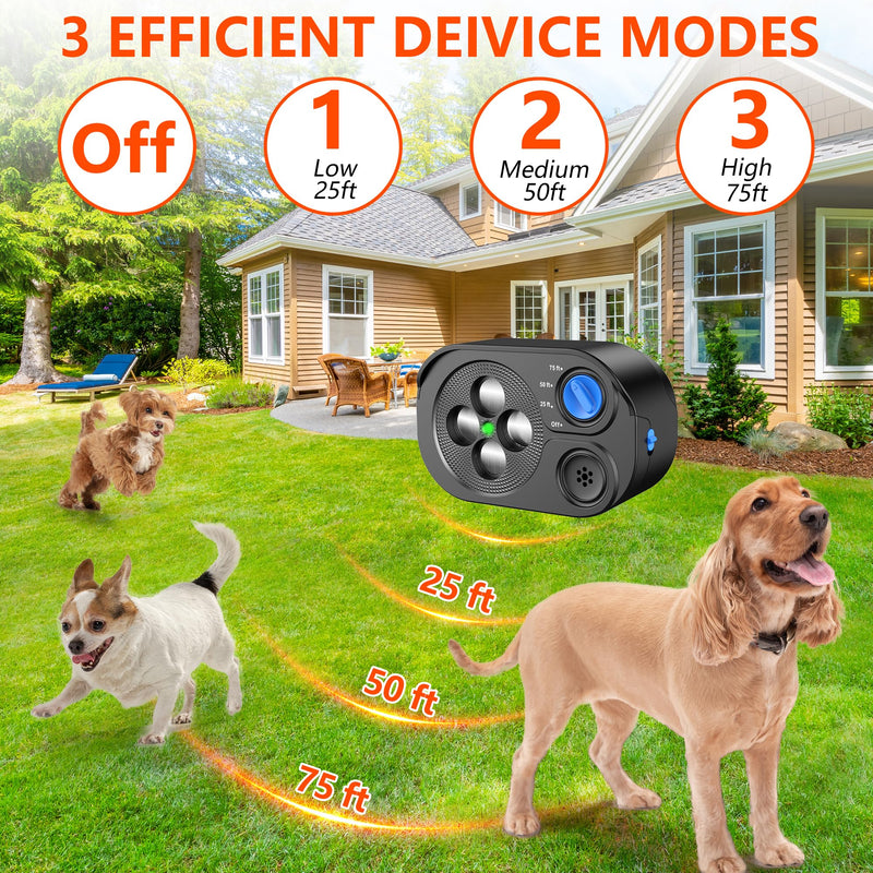 2024New Anti Barking Device, Bark Box Rechargeable Dog Barking Deterrent with 6 Modes/Dual Frequency/IP65 Waterproof Multi-Ultrasonic Heads Neighbors Dog Silencer Indoor&Outdoor Up to 75ft (Black)