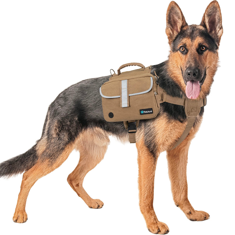 PetAmi Dog Backpack for Medium Large Dogs, Dog Saddle Bag for Dogs to Wear, Tactical Harness Saddlebag with Reflective Safety Side Pockets for Hiking, Camping, Vest Dog Pack for Travel (Tan, Medium) Tan Canvas - PawsPlanet Australia