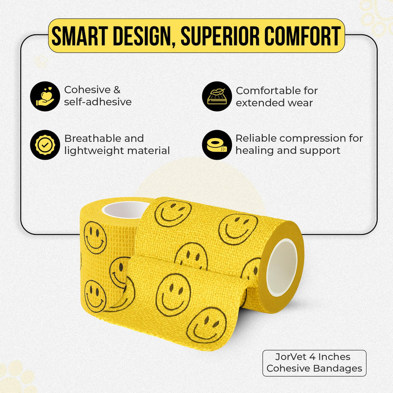 JorVet 4" x 10 Yards Cohesive Bandages | Fun Self-Adhesive Wrap for Animal Wound | Easy Tear, No Scissors Needed | Individually Wrapped Vet Tape, Secure & Flexible | Smiley Face Yellow | Pack of 12 4 Inch