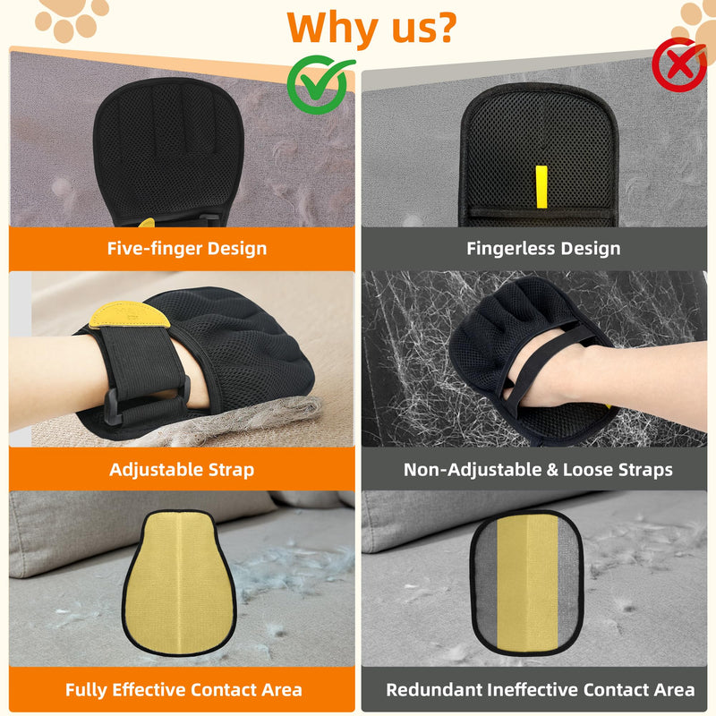 Pet Hair Removal Glove for Cats & Dogs, Patented Adjustable Strap, Reusable Five-Finger Grooming Glove with Secure Non-Slip Fit for Couch, Carpet, Clothing & Car Seat Yellow 1 Pcs - PawsPlanet Australia