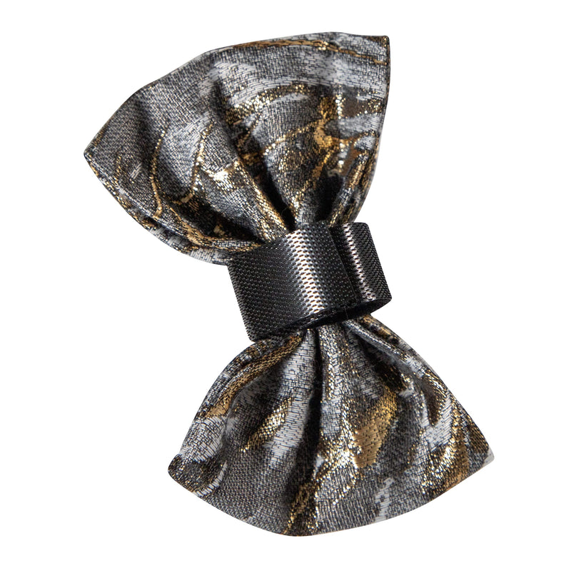 Luxury Occasion Dog Collar With Detachable Bow Tie in Grey Gold Silk (Extra Small) Extra Small
