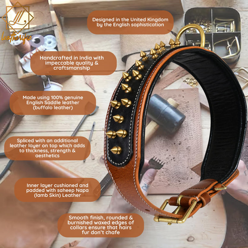 Genuine Leather Dog Collar by Leatherific, Premium Bridle Leather, Heavy Duty, Padded, Strong, Screwed Spikes, Medium, Large, Extra Large Breeds, 2" Wide (Charcoal, Neck Size 22"-26") Charcoal Neck Size 22"-26" - PawsPlanet Australia