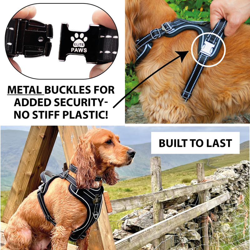 Elite Paws® UK: Premium Metal Buckle Dog Harness, Strong, Safe, Padded, Comfortable, Adjustable, Reflective, Front/Back Lead Attachments, Soft Handle, Pet Walking Vest/Training Product (Black, Medium) M (small to smaller medium dogs) Black - PawsPlanet Australia