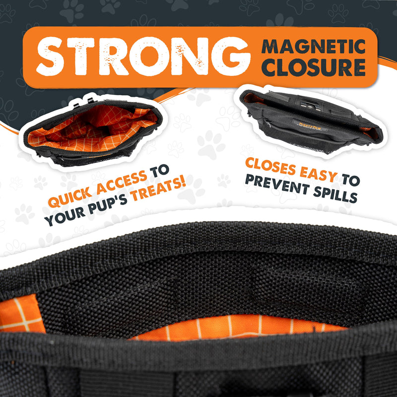 Mighty Paw Dog Treat Pouch | No Spill Magenetic Clasp - Hands-Free Pouches for Training - Pets Training Treat Pouches for Dog Walks - Pet Bags Pouch - Built in Poop Bag Holder - Black Deluxe - Black - PawsPlanet Australia