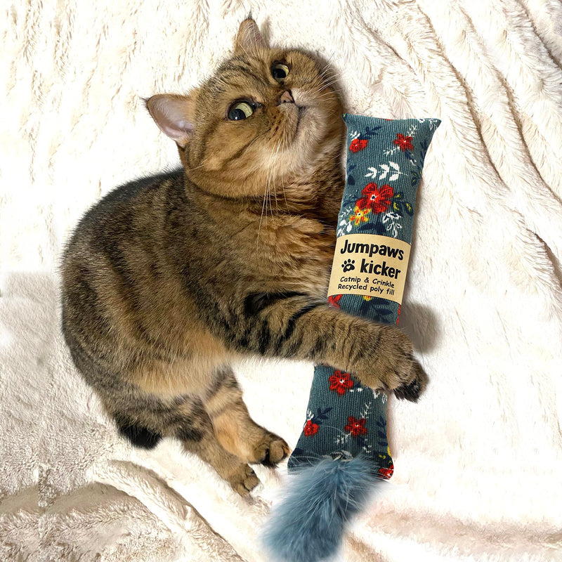 2 Pack Natural Interactive Catnip & Silvervine Cat Kicker with Feathers, Bite Resistant Chew Toy, Crinkle Kicker, Accessories for Indoor Cat, Premium Corduroy Floral - PawsPlanet Australia
