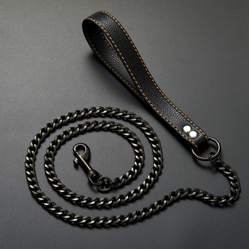 Black Chain Dog Leash - Heavy Duty Metal Chew Proof Leash with Leather Padded Handle for Large Medium Dogs (11MM, 4.5ft) Black - PawsPlanet Australia
