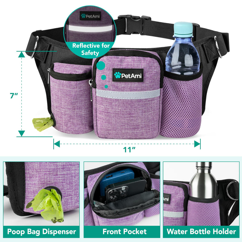 PetAmi Premium Hands Free Dog Leash for 2 Dogs, Adjustable Waist Belt Leash for Dog Walking, Fanny Pack Accessories Bag Dual Bungee Leash for Running, Hiking, Jogging, Biking, Purple 2 Leashes - PawsPlanet Australia
