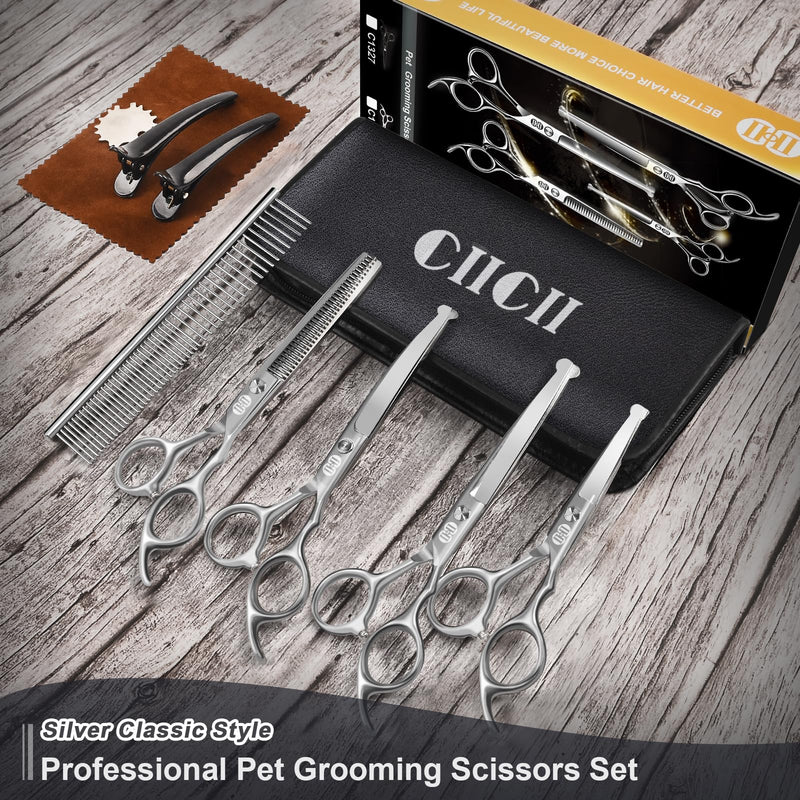 CIICII Dog Grooming Scissors Kit, 7 Inch Professional Pet Grooming Scissors Set with Safety Round Tip (Dogs/Cat Hair Cutting Trimming Thinning Shears with Curved Scissors) for DIY Home Salon (Silver) Silver Dog Grooming Scissors - PawsPlanet Australia