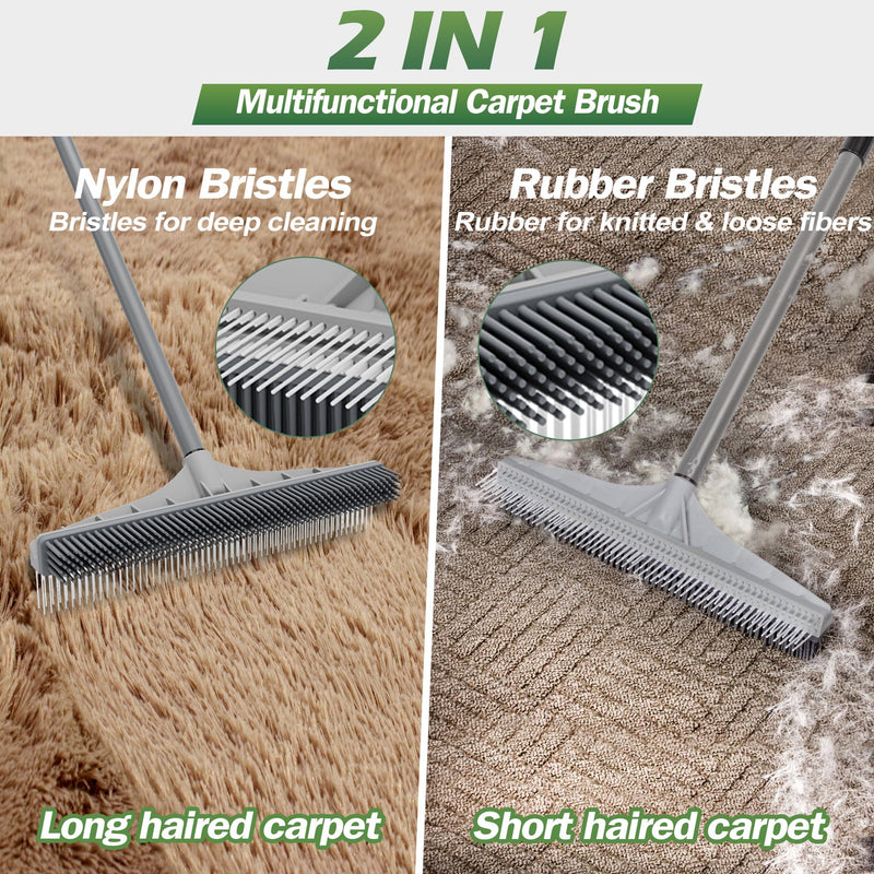 Walensee Carpet Rake for Pet Hair Removal, 2 in 1 Rug Rake to Fluff Carpet with Nylon Groomer Brush, Adjustable Long Handle for Shag Rugs, Stairs, Mats and Floors, Rubber Broom - PawsPlanet Australia